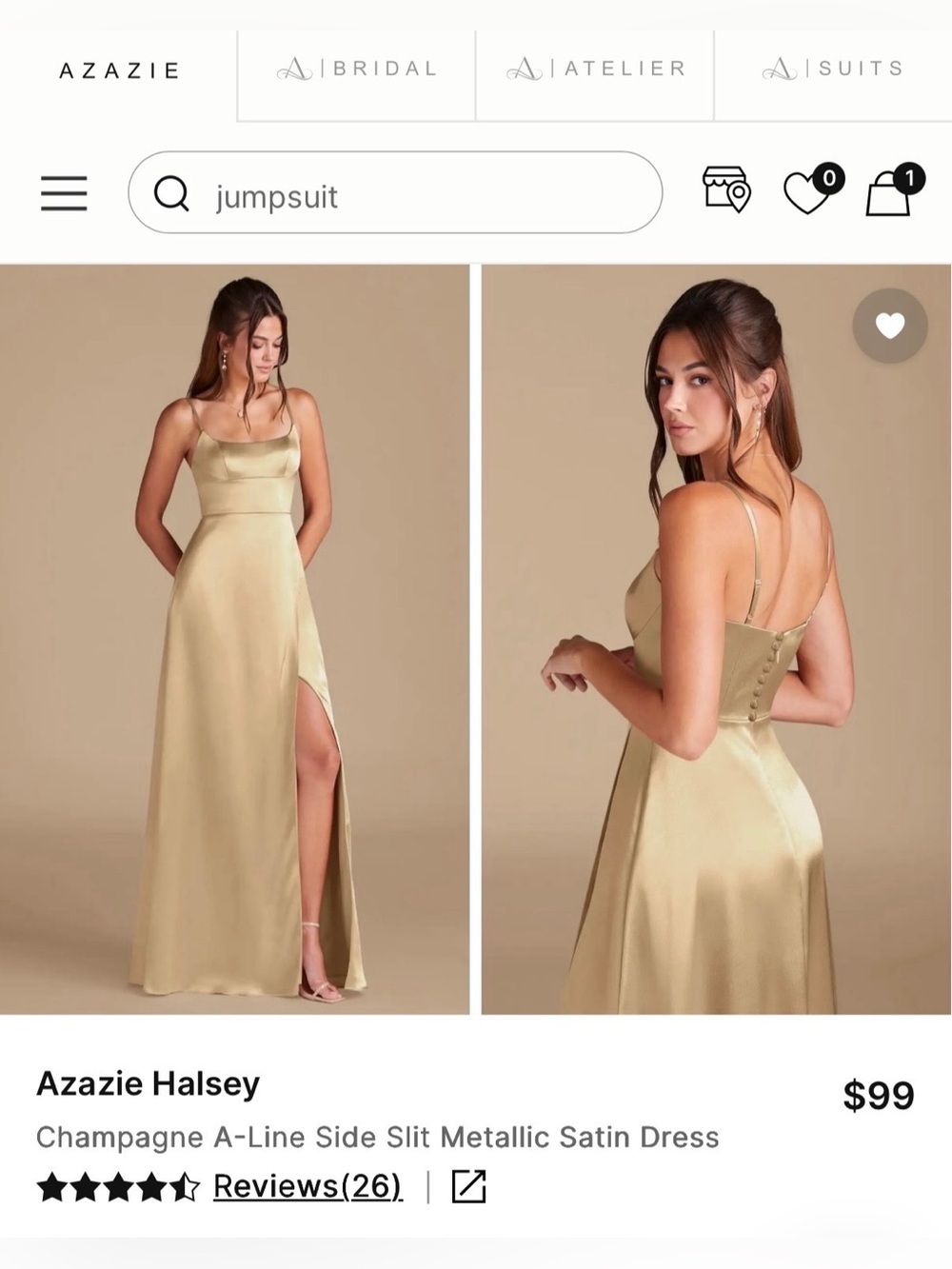 Azazie Satin Dress with High Side Slit in Champagne Gold